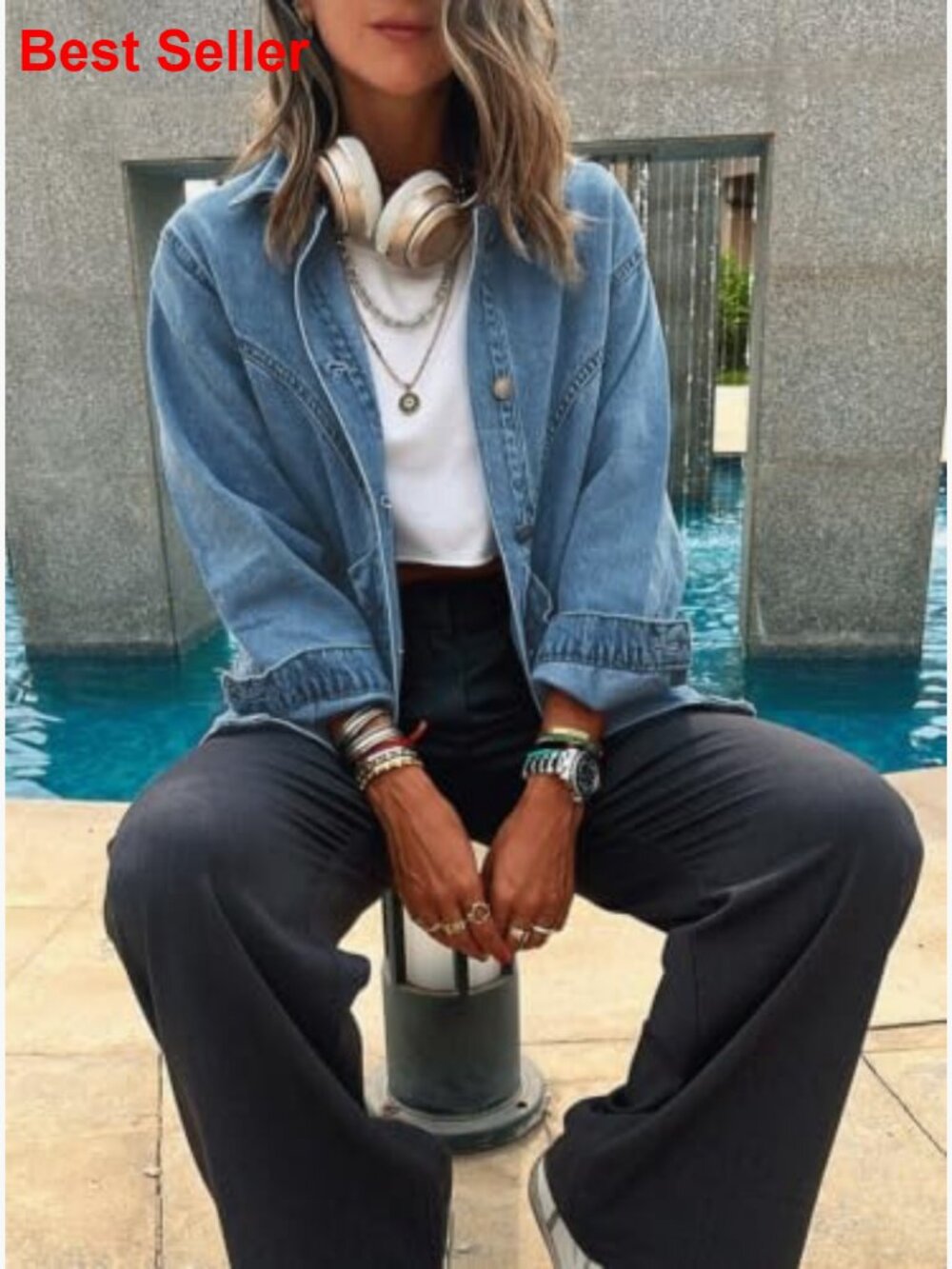 Oversized Distressed Denim Jacket Button Down Long Sleeve Pockets - Picture 5 of 6